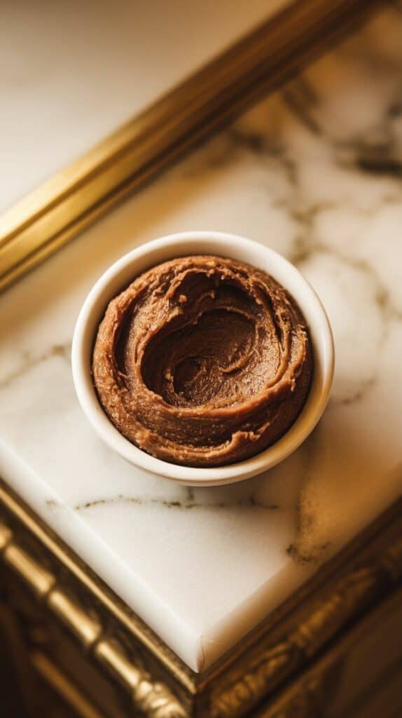 mashed black garlic paste in a small white bowl, deep brown and glossy.