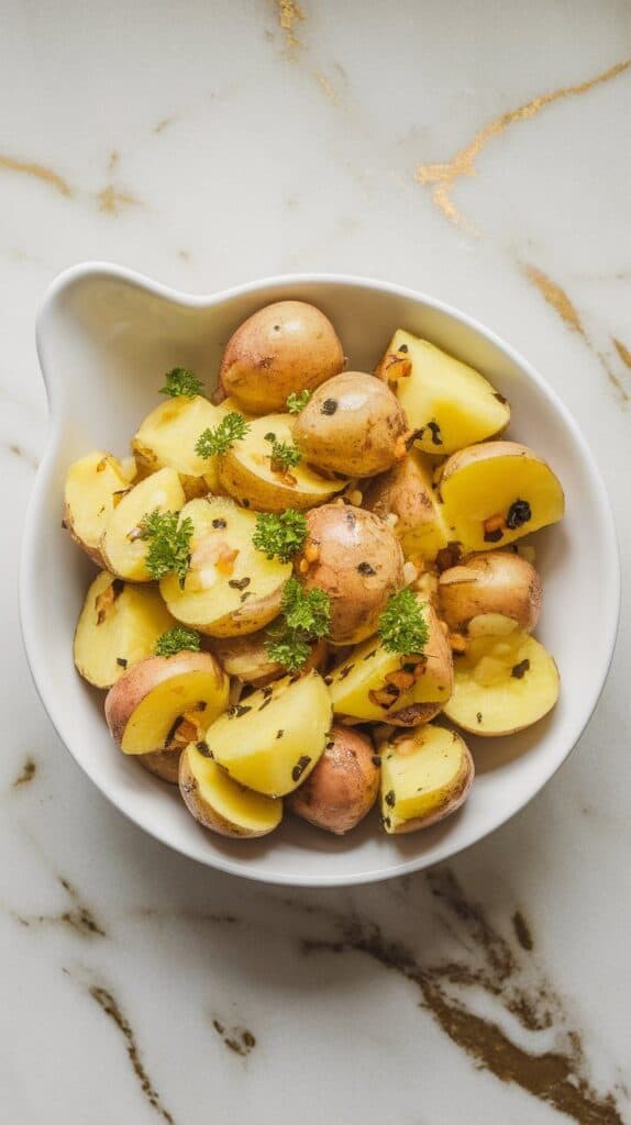 finished potato salad in a white serving bowl with roasted pineapple and black garlic vinaigrette, garnished with parsley