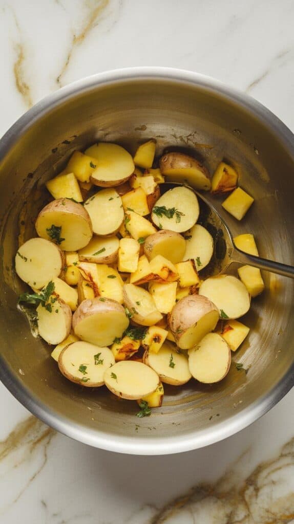potatoes and roasted pineapple being tossed with black garlic vinaigrette in a large mixing bowl.