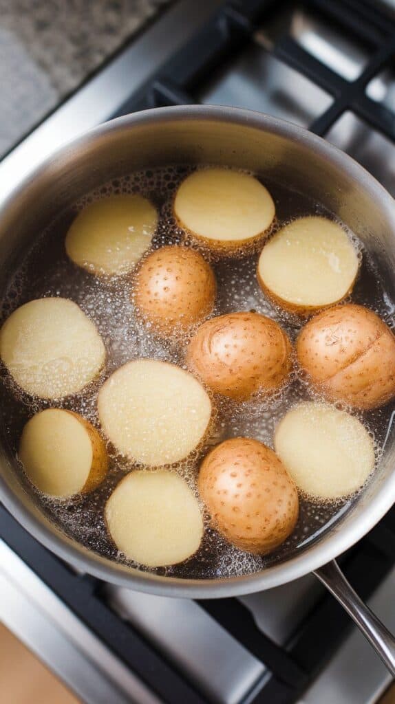 halved baby potatoes bubbling in salted water, skins just beginning to wrinkle.