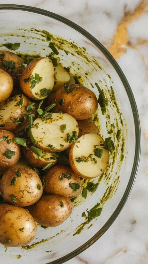 golden baby potatoes being mixed in a large bowl with vivid green chimichurri.