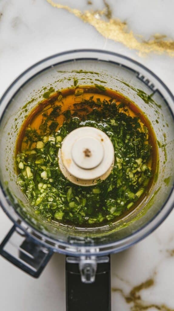 vibrant green chimichurri in a small food processor bowl—chopped herbs, oil, and specks of scallion clearly visible