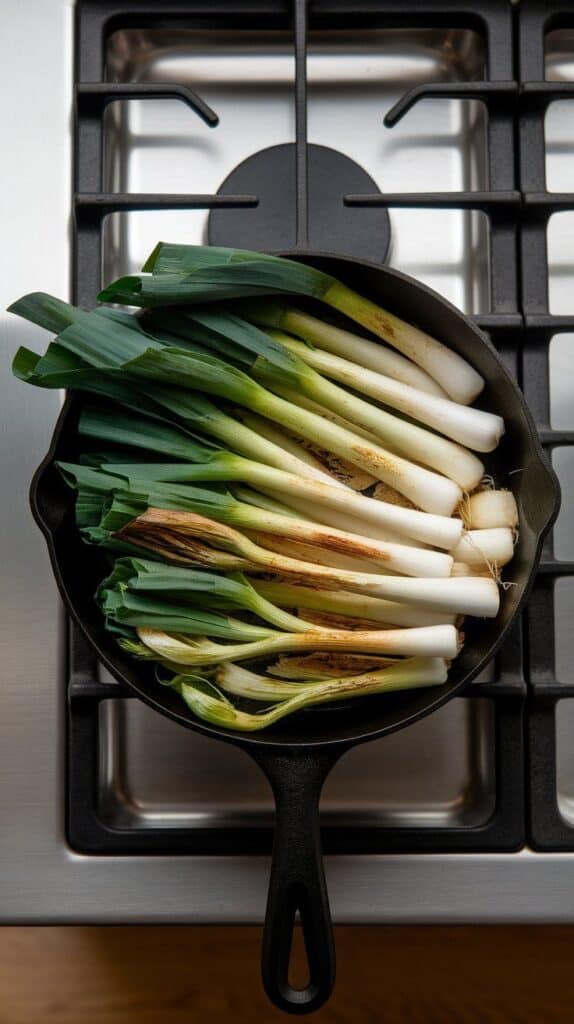 scallions in a skillet, charred and blistered, green tops slightly wilted and browning.