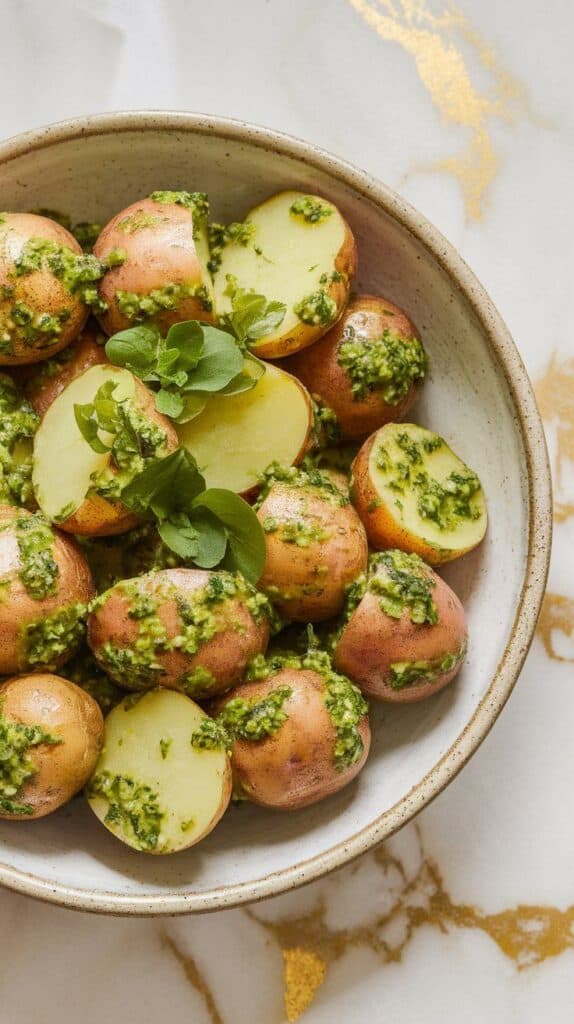 fully assembled potato salad in a ceramic serving bowl. Bright green chimichurri glistening on golden potatoes, garnished with a few fresh herb leaves.