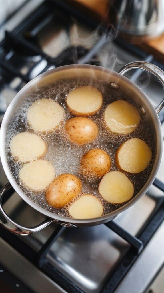 halved baby potatoes boiling in bubbling water, steam rising. Pot is halfway full.