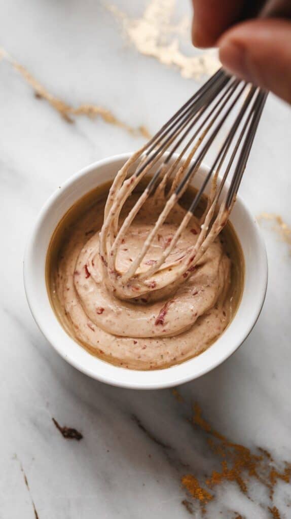 anchovy aioli being whisked in a small white bowl—creamy texture with flecks of garlic and anchovy visible