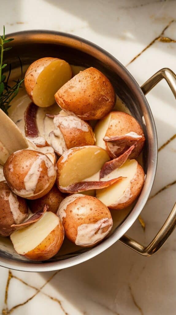 tender potatoes coated in creamy anchovy aioli, being gently stirred in a mixing bowl.