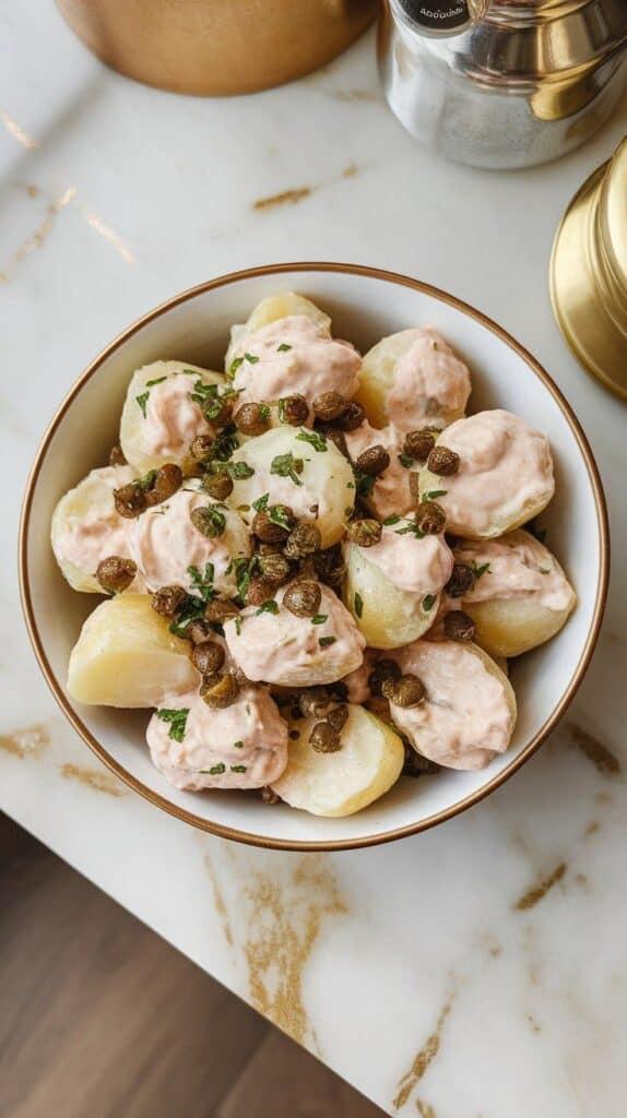 finished potato salad in a bowl, garnished with crispy golden-brown capers and fresh parsley.