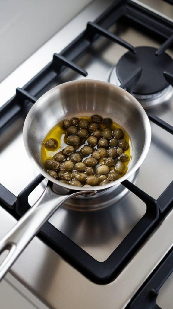 capers sizzling in hot oil in a small stainless steel pan, starting to crisp and pop open.