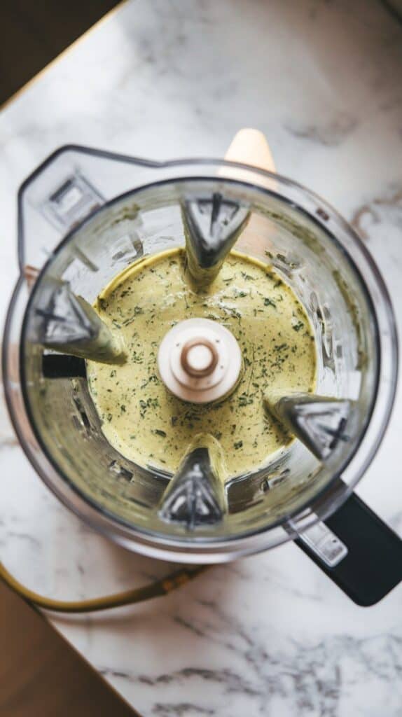green tahini dressing blending mid-spin in a small food processor, showing flecks of herbs and creamy texture