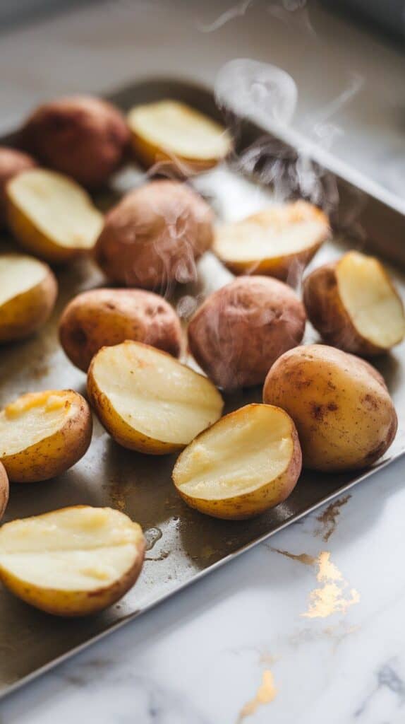 steamy cooked potatoes scattered on a clean tray with light condensation.