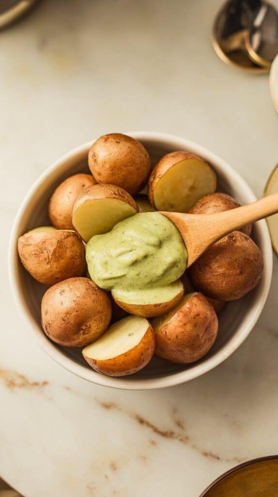 tender potatoes in a white bowl being coated with creamy green tahini dressing using a wooden spoon.