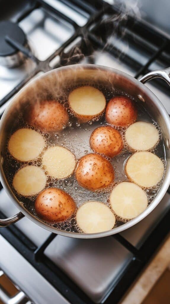 halved baby potatoes bubbling in boiling water with steam rising