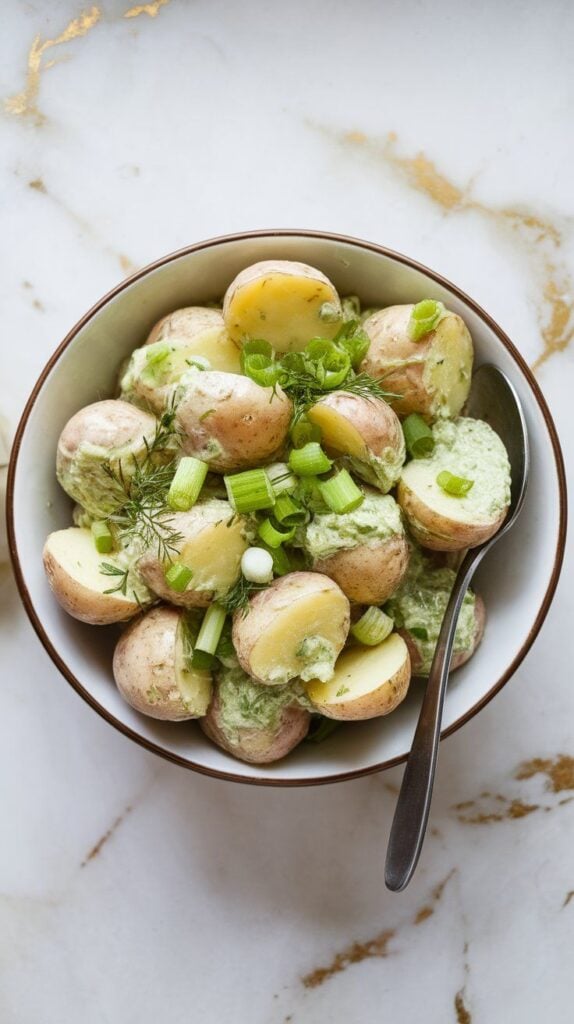 finished potato salad sprinkled with fresh scallions, black pepper, and chopped parsley.