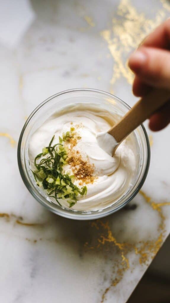 sour cream, mayo, lime zest, lime juice, and garlic powder being stirred together in a small bowl, creamy texture visible