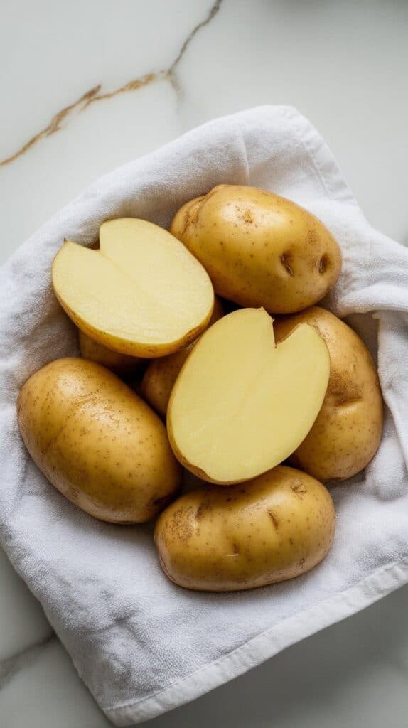hot halved potatoes spread on a clean towel to cool, steam rising gently, skins slightly wrinkled