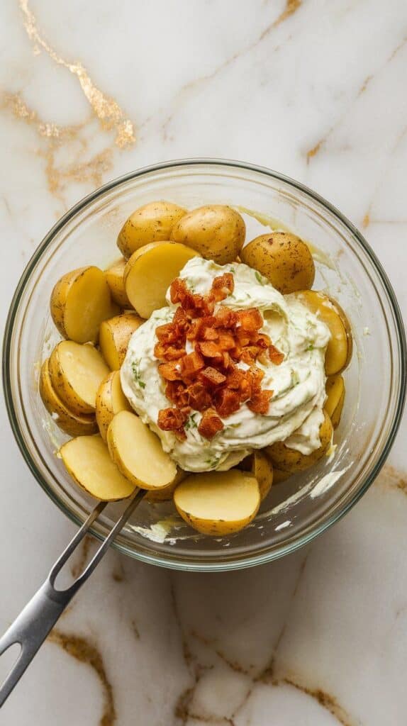 cooled halved potatoes in a mixing bowl being tossed with creamy lime crema, chopped candied jalapeños sprinkled on top