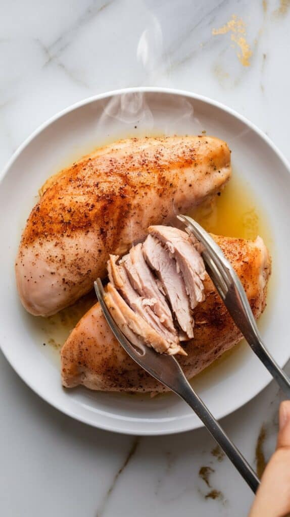 cooked chicken being shredded with two forks on a plate, juicy texture visible, steam still rising, on white marble counters