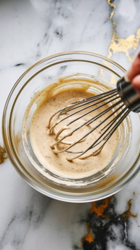 creamy slaw dressing being whisked in a clear bowl, glossy texture forming from mayo, vinegar, and honey, on white marble counters