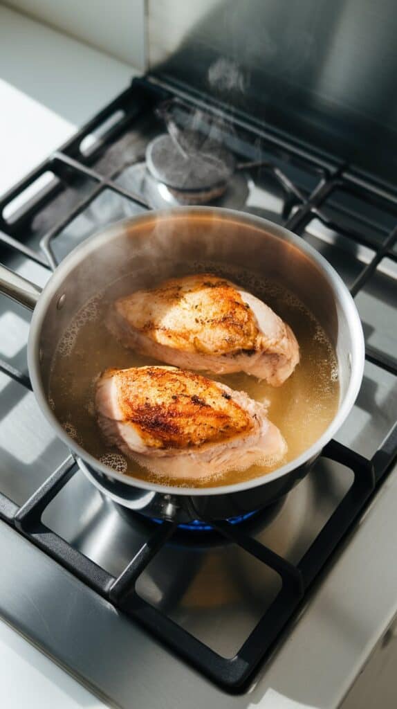 seasoned chicken in a saucepan with chicken broth