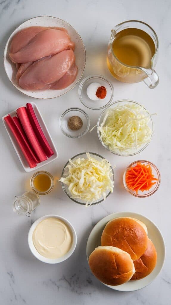 all ingredients: raw boneless skinless chicken breasts on a plate, chicken broth in a clear glass pitcher, small bowls of smoked paprika, garlic powder, salt, and pepper, finely sliced fresh rhubarb, shredded cabbage in a clear bowl, grated carrot, mayo in a small dish, apple cider vinegar in a tiny clear jar, honey in a clear jar, and 4 sandwich buns, all arranged