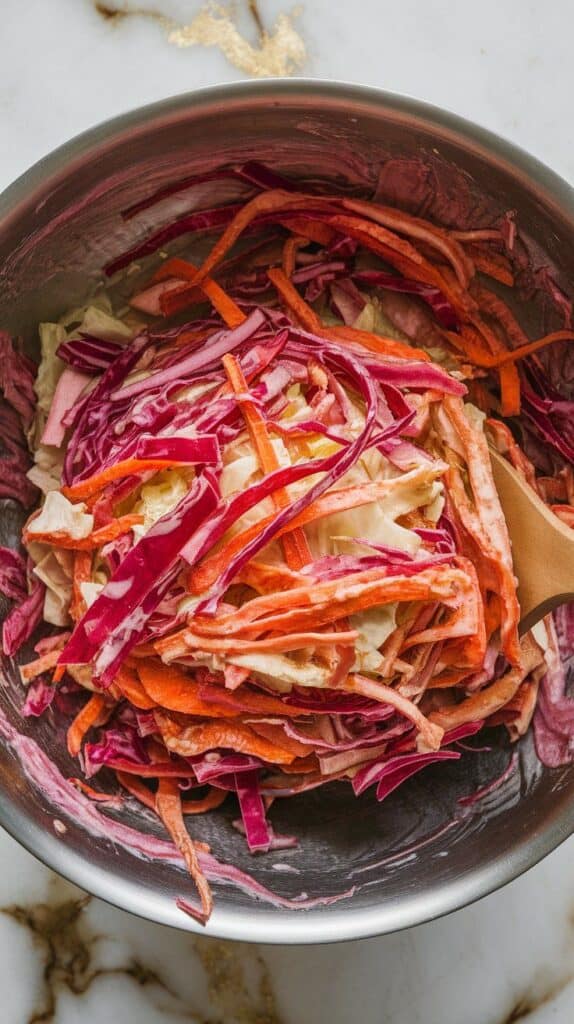 vibrant rhubarb slaw being tossed in a large bowl, ribbons of rhubarb and carrot mixed with cabbage and creamy dressin
