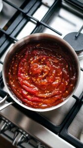 thickened rhubarb chutney in the pan, glossy and deep reddish-brown, with visible mustard seeds and spice flecks.