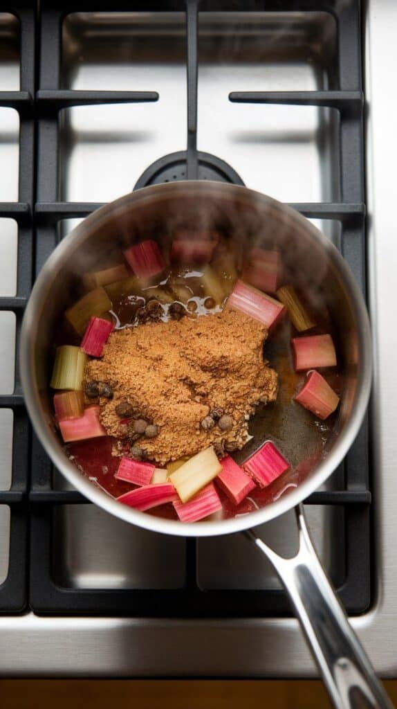 vinegar and brown sugar bubbling slightly over softened rhubarb and spices in the saucepan.