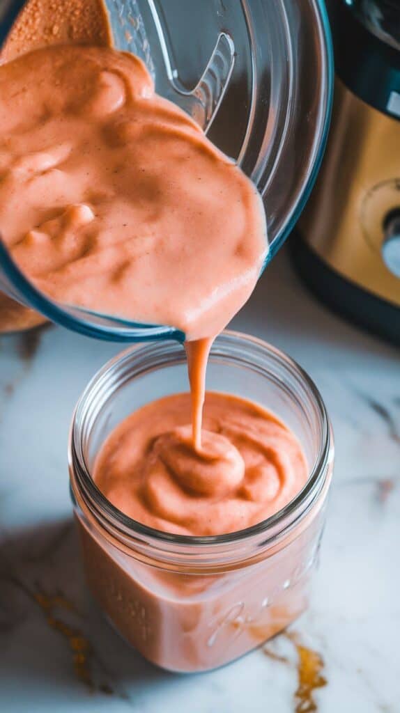 chilled gazpacho being poured from the blender into a glass storage jar, light and silky in texture, ready for the fridge