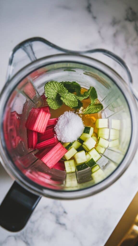 all ingredients—diced rhubarb, chopped cucumber, shallot, mint leaves, olive oil, honey, lime juice, salt, and cold water—layered inside a blender jar, colors distinct and ingredients fresh