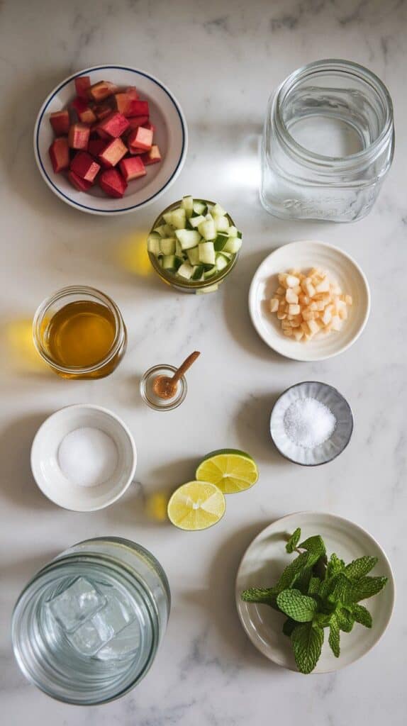 diced rhubarb on a small plate, peeled and chopped cucumber in a clear bowl, chopped shallot on a plate, olive oil in a small plate, honey in a tiny jar, lime juice in a small clear dish, salt in a pinch dish, fresh mint leaves on a small plate, cold water in a clear glass jar, and a few clear ice cubes on a small plate