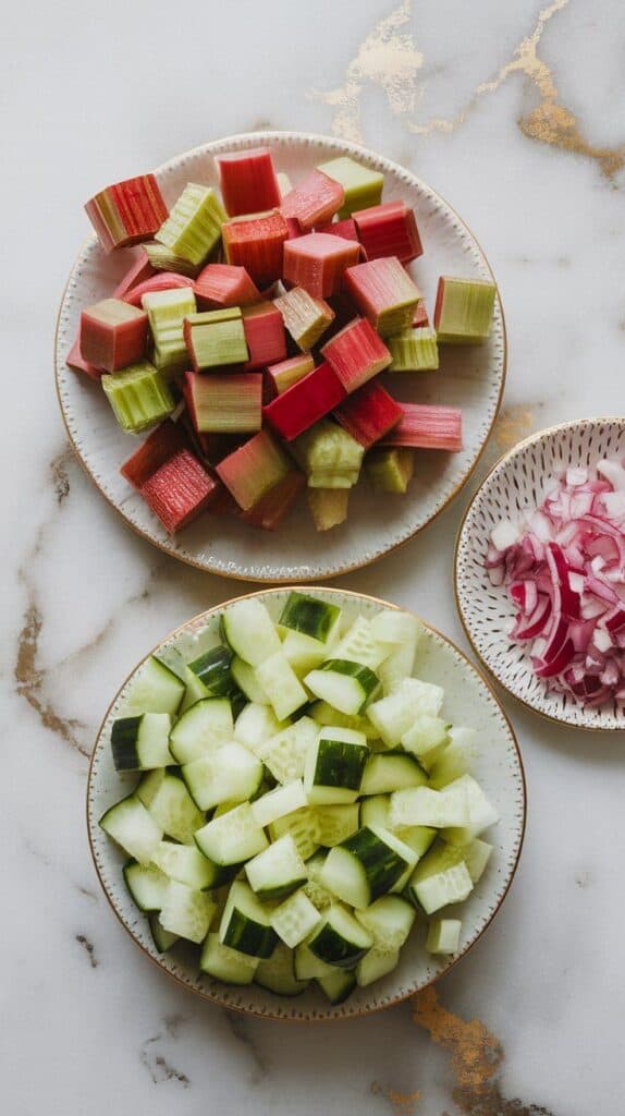 diced rhubarb, peeled chopped cucumber, and roughly chopped shallot on separate small plates