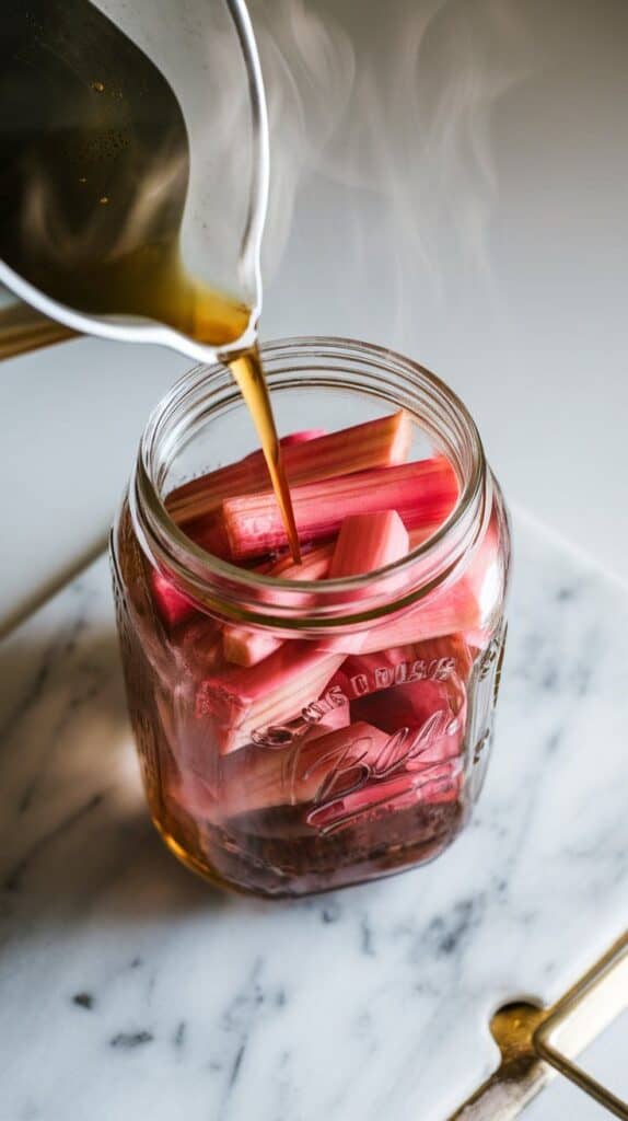 hot brine being poured into the glass jar over the sliced rhubarb, steam rising slightly, rhubarb turning brighter pink
