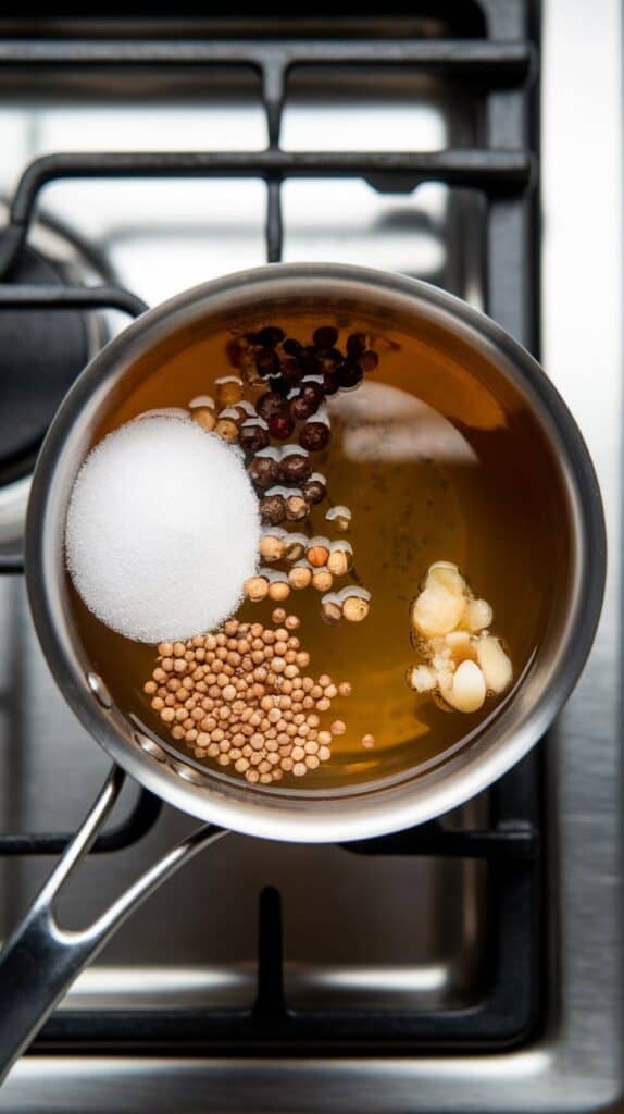 small saucepan with apple cider vinegar, water, sugar, salt, peppercorns, mustard seeds, and a smashed garlic clove just added, all ingredients floating in the liquid,