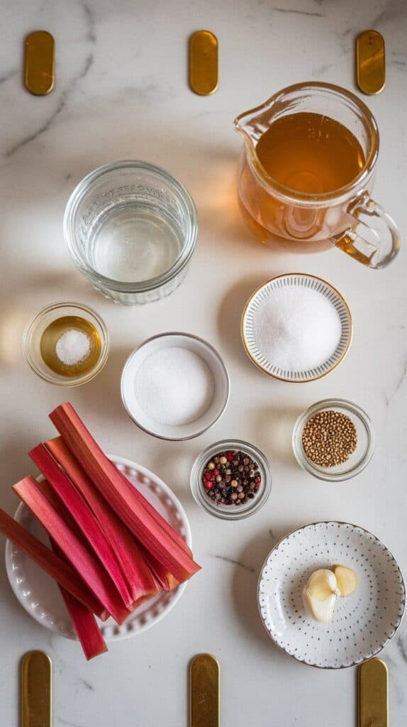 all ingredients: thin batons of fresh rhubarb on a small plate, clear glass pitcher of apple cider vinegar, water in a clear jar, sugar in a small bowl, salt in a pinch dish, whole black peppercorns and mustard seeds in tiny jars, and one smashed garlic clove