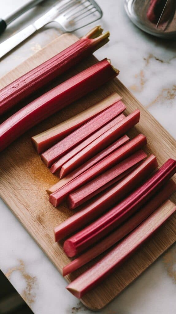 fresh rhubarb stalks being sliced into thin 2-inch batons on a cutting board, vibrant red color and juicy texture visible