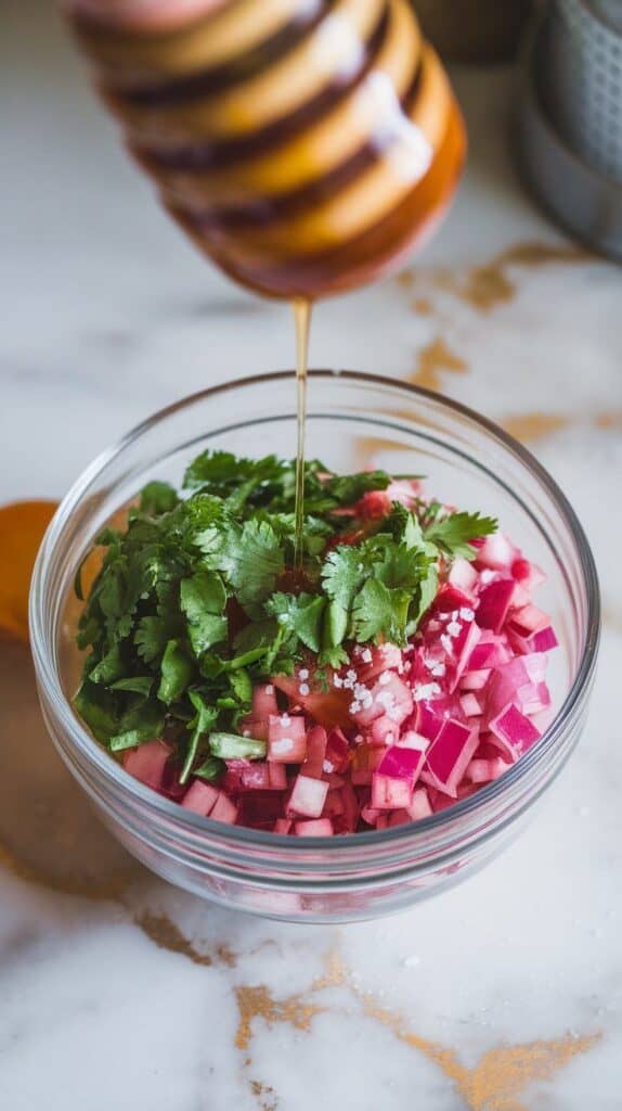 oney drizzling into a bowl of rhubarb salsa, flecks of green, pink, and purple visible, with salt sprinkled on top