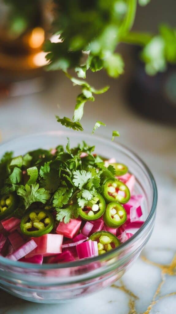 fresh cilantro being chopped and sprinkled over the bowl of diced ingredients, with lime zest and juice added.