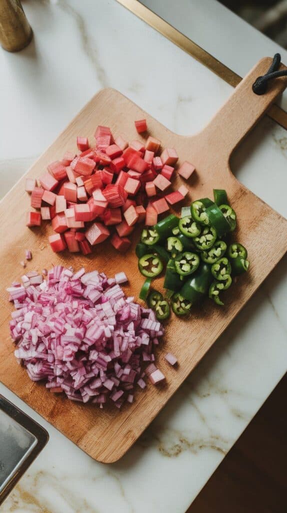 finely diced pink rhubarb, jalapeño, and red onion grouped neatly on a wooden cutting board.