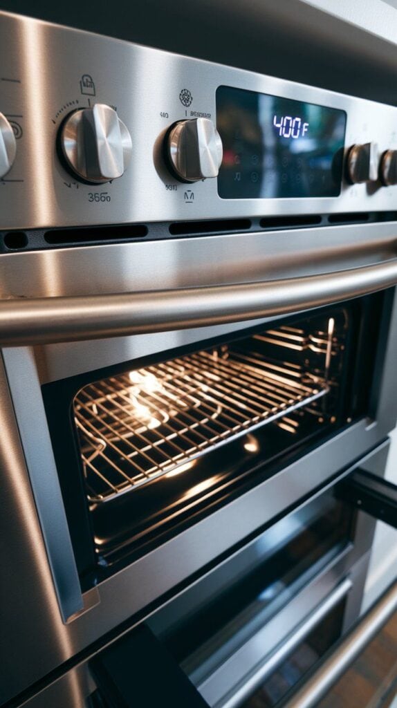 modern stainless steel double oven with digital display showing 400°F, oven door slightly ajar, on a modern stainless steel double oven
