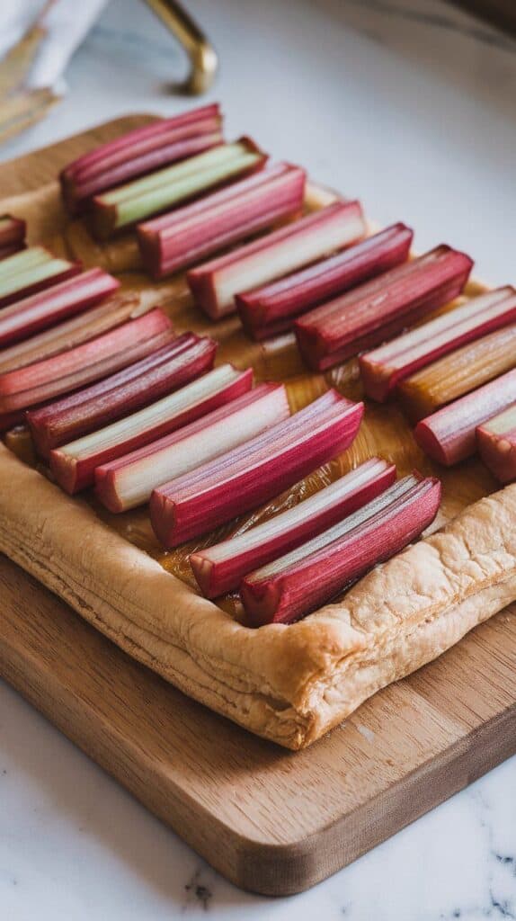 puff pastry topped with a layer of caramelized shallots and raw rhubarb batons arranged evenly across, ready for baking