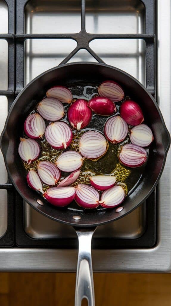 sliced shallots softening and turning golden in a small skillet with olive oil, glistening and translucent