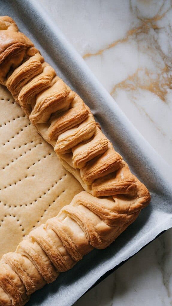 puff pastry on a parchment-lined sheet pan, edges scored with a knife and center dotted with fork pricks