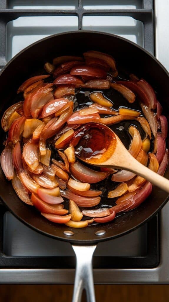 sautéed shallots being mixed with honey and balsamic vinegar in the skillet, thick glossy texture forming