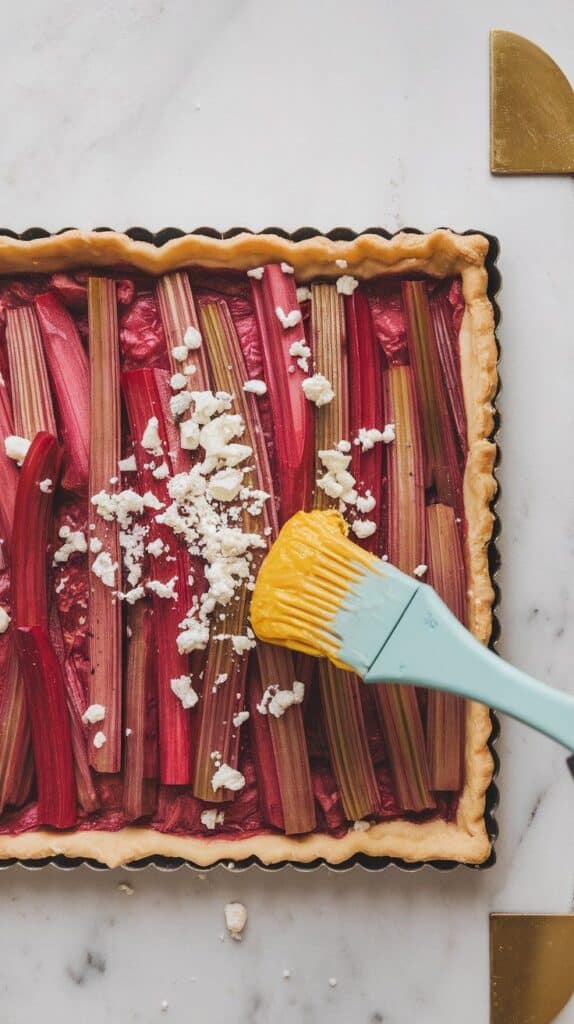 feta being sprinkled over the tart with visible contrast against the rhubarb and shallots, egg wash being brushed onto puff pastry border