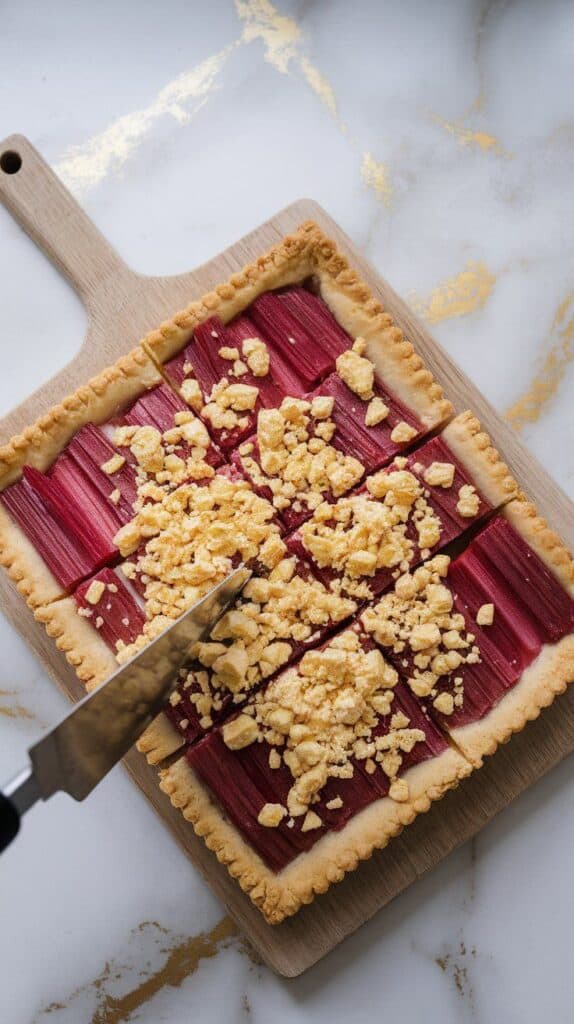 tart being sliced into squares on a wooden cutting board, flaky crust and vibrant rhubarb visible in each piece