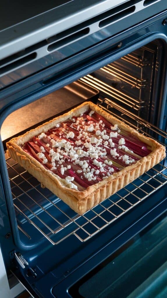 rhubarb shallot tart baking inside a modern stainless steel double oven, puff pastry rising and edges turning golden brown