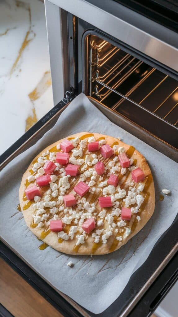 bubbling cheese and softened rhubarb on golden flatbread inside a modern stainless steel double oven
