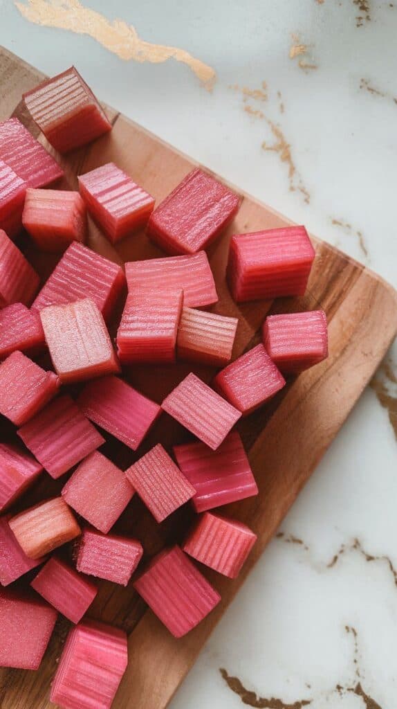 thinly sliced rhubarb pieces on a wooden cutting board, bright pink and crisp.