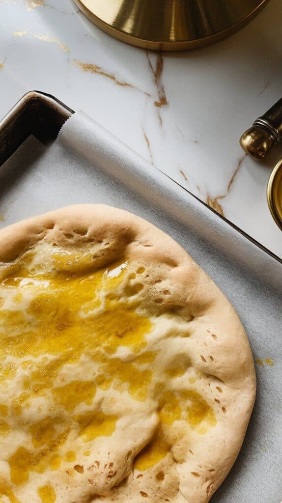 latbread brushed with olive oil on a parchment-lined sheet pan, ready to pre-bake.